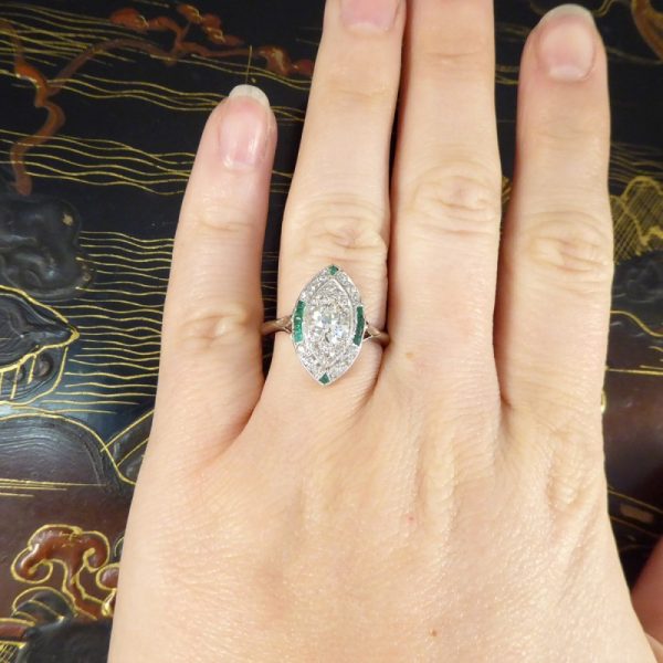 Art Deco Navette Shaped Diamond and Emerald Cluster Ring
