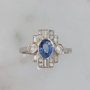 Art Deco Style 1ct Sapphire and Diamond Cluster Ring