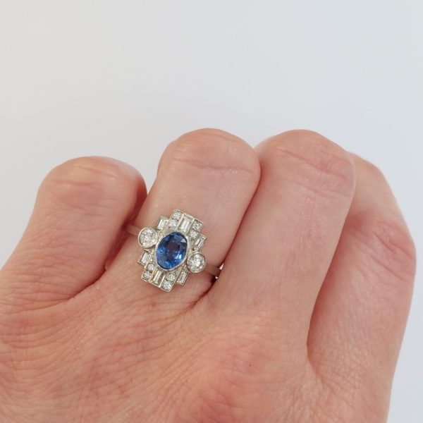 Art Deco Style 1ct Sapphire and Diamond Cluster Ring