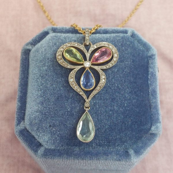 Art Nouveau Antique Gem and Diamond Pendant Necklace