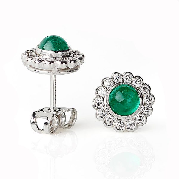 Cabochon Emerald and Diamond Cluster Earrings, 1.44ct