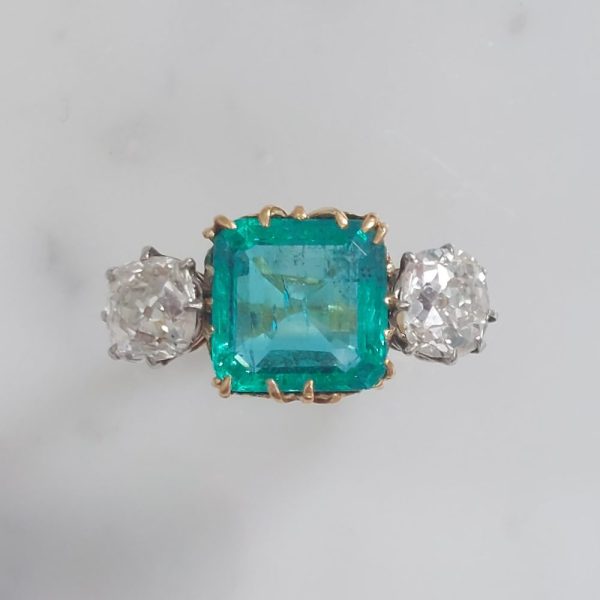 Colombian Emerald and Old Cut Diamond Three Stone Ring