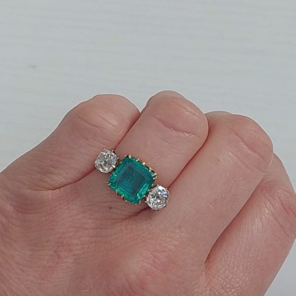 Colombian Emerald and Old Cut Diamond Three Stone Ring