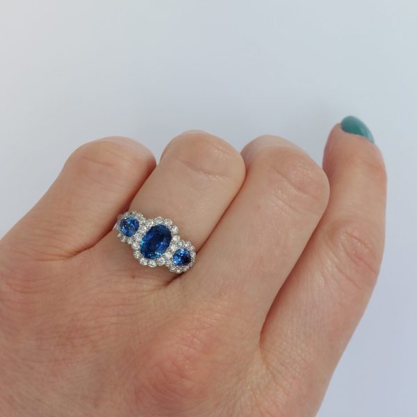 Edwardian Style Triple 2.50ct Sapphire and Diamond Cluster Ring