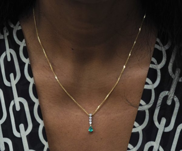 Pear Cut Emerald and Diamond Drop Pendant Necklace