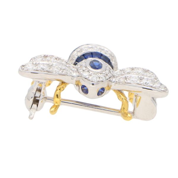 Modern Sapphire and Diamond Bee Brooch in 18ct Yellow and White Gold