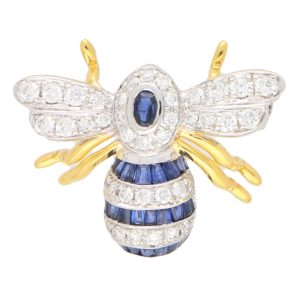 Modern Sapphire and Diamond Insect Bee Brooch in 18ct Yellow and White Gold