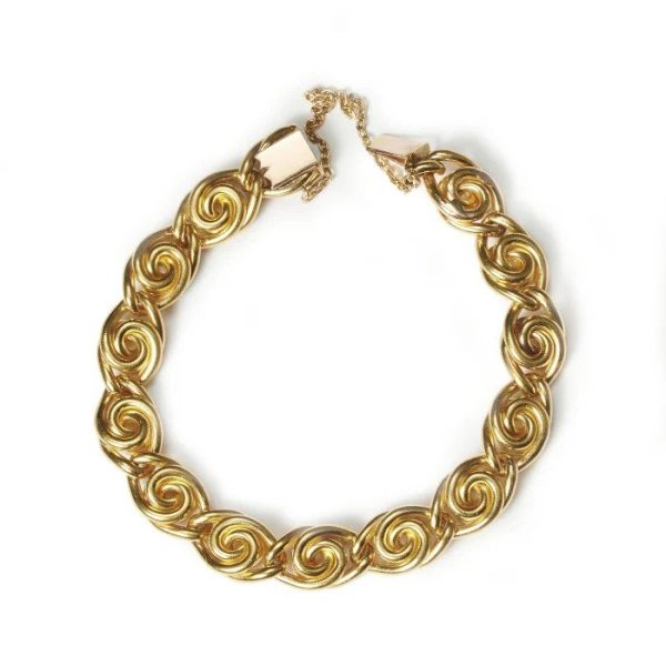Antique French Art Nouveau Swirl Gold Bracelet with Diamonds