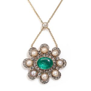 Georgian Antique Emerald and Pearl Cluster Pendant Necklace