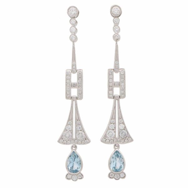 Art Deco Inspired Aquamarine and Diamond Drop Earrings