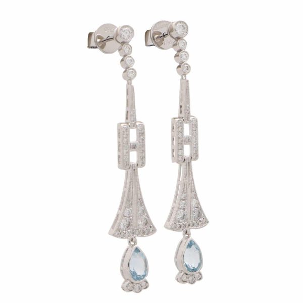 Art Deco Style Pear Cut Aquamarine and Diamond Drop Earrings