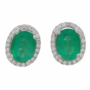 3.24ct Emerald and Diamond Oval Halo Cluster Earrings