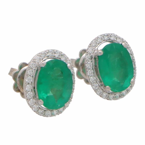 3.24ct Emerald and Diamond Oval Halo Cluster Earrings in 18ct White Gold