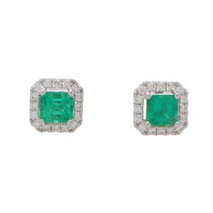 Square Cut Emerald and Diamond Cluster Stud Earrings