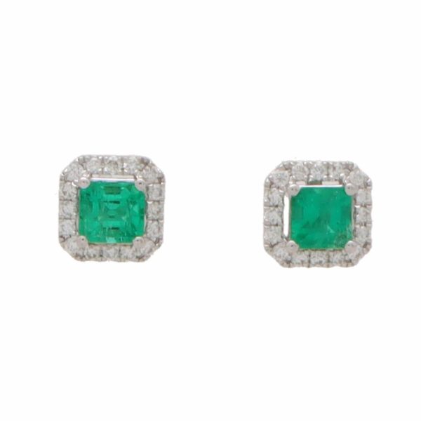 0.43ct Square Cut Emerald and Diamond Cluster Stud Earrings in 18ct White Gold