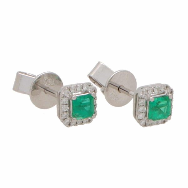 0.43ct Square Cut Emerald and Diamond Cluster Stud Earrings in 18ct White Gold