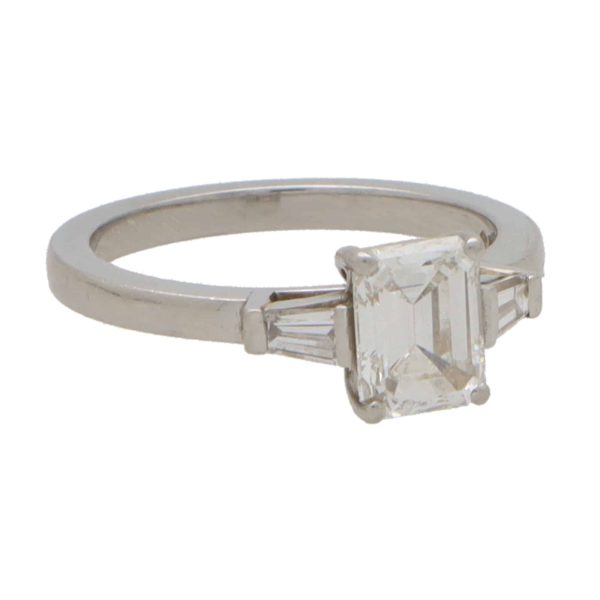 Vintage GIA Certified 1.16ct Emerald Cut Diamond Engagement Ring with Trapezoid Shoulders in Platinum