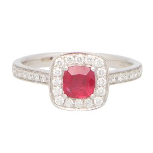 Ruby and Diamond Cushion Cluster Engagement Ring