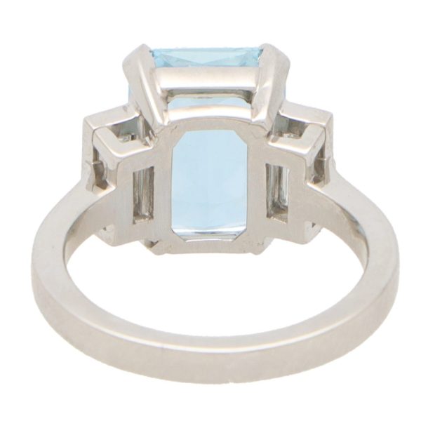 3.80ct Emerald Cut Aquamarine and Baguette Diamond Trilogy Ring in Platinum