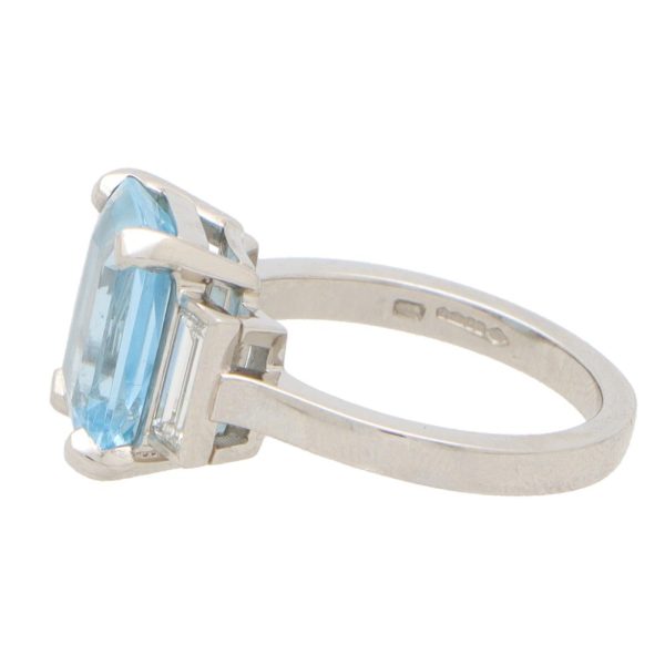 3.80ct Emerald Cut Aquamarine and Baguette Diamond Trilogy Ring in Platinum