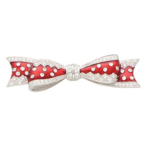 Diamond and Red Enamel Bow Brooch