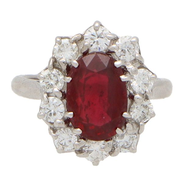 Vintage 3.03ct Oval Ruby and Diamond Cluster Engagement Ring in 18ct White Gold