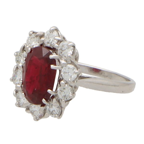 Vintage 3.03ct Oval Ruby and Diamond Cluster Engagement Ring in 18ct White Gold