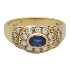 Vintage 0.52ct Oval Sapphire and Diamond Cluster Ring in 18ct Yellow Gold Mens Engagement Ring