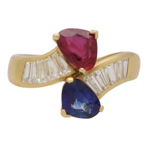 Vintage Ruby and Sapphire Toi et Moi Crossover Ring with Baguette Diamonds