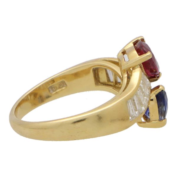 Vintage Ruby and Sapphire Toi et Moi Crossover Ring with Baguette Diamonds