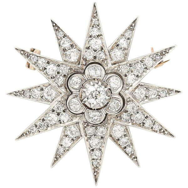Victorian Antique 3ct Old Mine Cut Diamond Star Pendant Brooch