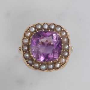 Victorian Antique Amethyst and Pearl Cluster Ring