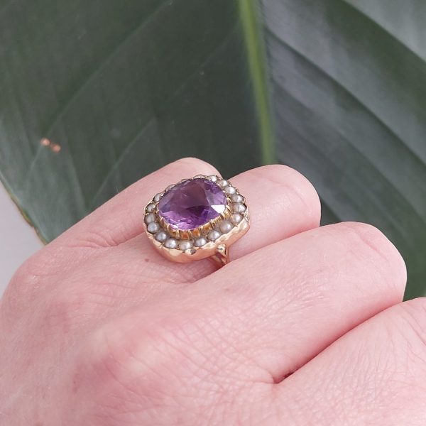 Victorian Antique Amethyst and Pearl Cluster Ring