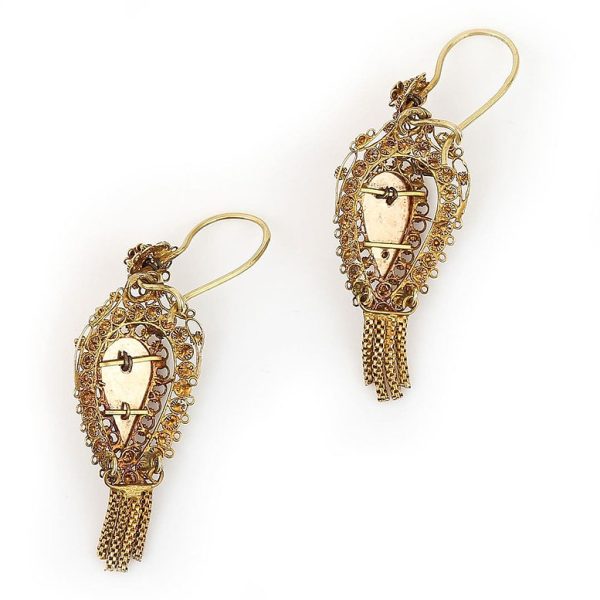 Victorian Antique Dutch 14ct Yellow Gold Filigree and Cannetille Tassel Drop Earrings
