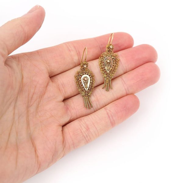 Victorian Antique Dutch 14ct Yellow Gold Filigree and Cannetille Tassel Drop Earrings