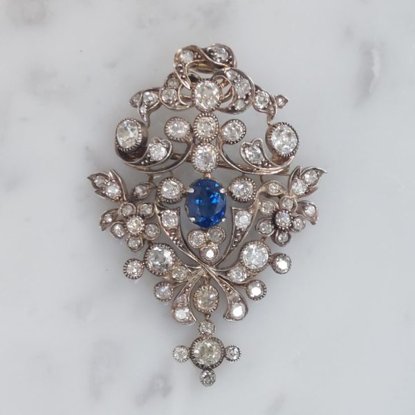 Victorian Antique Old Cut Diamond and Sapphire Brooch Pendant, 8cts