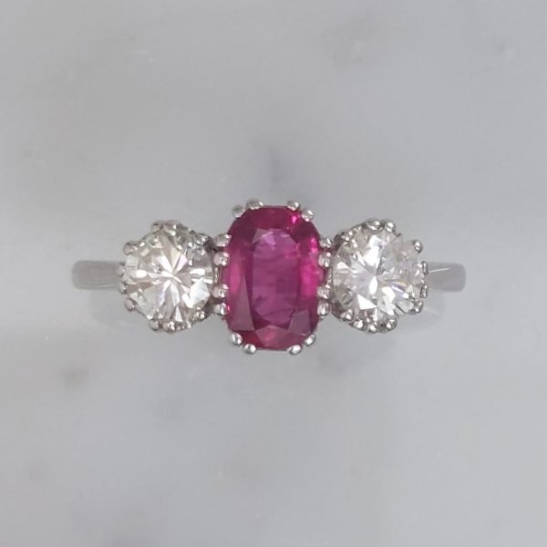 Vintage 1.14ct Ruby and Diamond Three Stone Ring
