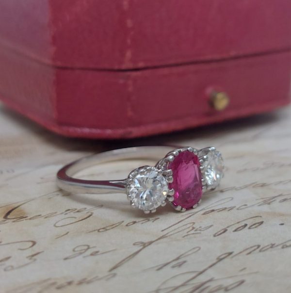 Vintage 1.14ct Ruby and Diamond Three Stone Ring