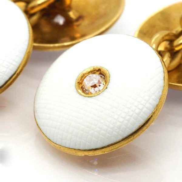 Vintage 18ct Yellow Gold and White Enamel Cufflinks with Diamonds