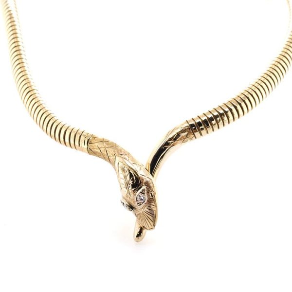 Vintage 1970s Yellow Gold Snake Necklace with Diamonds Eyes