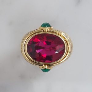 Vintage 20ct Rubellite Emerald and Diamond Dress Ring