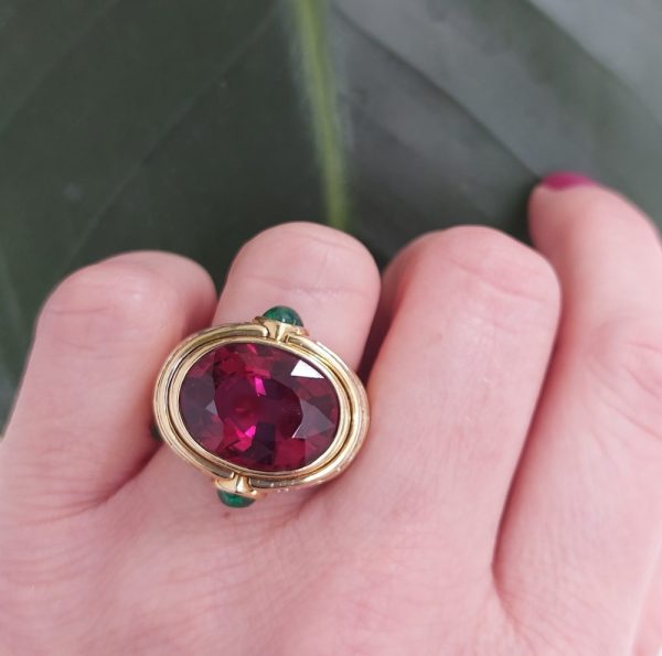 Vintage 20ct Rubellite Emerald and Diamond Dress Ring