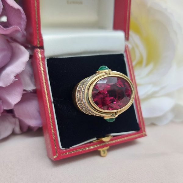 Vintage 20ct Rubellite Emerald and Diamond Dress Ring