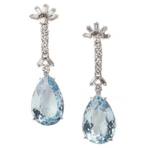 Vintage 24.77ct Pear Aquamarine and Diamond Drop Earrings, baguette-cut diamond starburst tops suspending rows of round brilliant-cut diamonds with faceted drop shaped aquamarine pendant drops in 14ct white gold, Circa 1960s