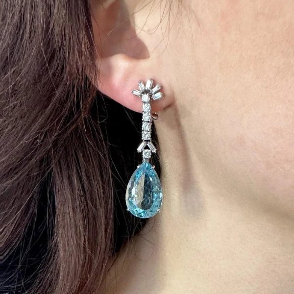 Vintage 24.77ct Pear Aquamarine and Diamond Drop Earrings