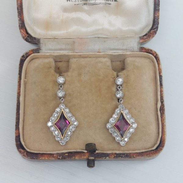 Vintage Pink Tourmaline and Diamond Drop Earrings