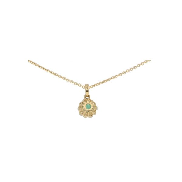 Emerald and Diamond Cluster Pendant in 18ct Yellow Gold, 0.34ct round-cut vibrant green emerald surrounded by 10 sparkly round brilliant cut diamonds with diamond set bail