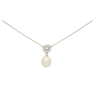 Pearl and Diamond Cluster Pendant Necklace