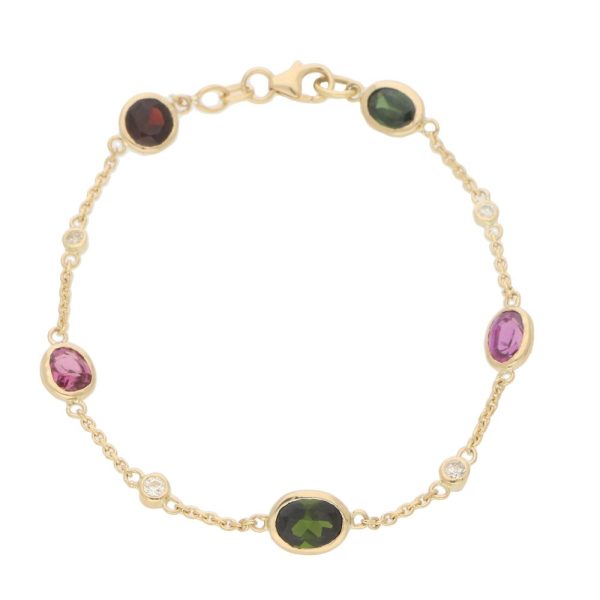 Green and Pink Tourmaline Garnet and Diamond Bracelet in 18ct Yellow Gold