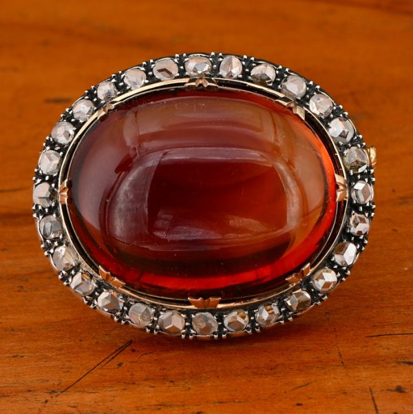 Antique 30ct Baltic Amber and 2.30ct Rose Cut Diamond Cluster Brooch